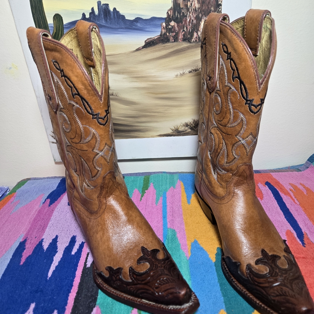 Tony Lama Tan and Brown Heeled Western Boots